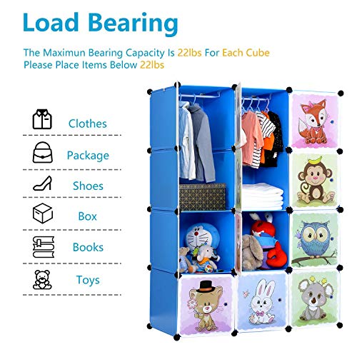 BRIAN & DANY Portable Cartoon Clothes Closet DIY Modular Storage Organizer, Sturdy and Safe Wardrobe for Children and Kids, 8 Cubes&2 Hanging Sections, 30% Deeper Than Standard Version, Blue