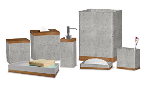 nu steel Concrete, Made of Cement Bath Accessory Set Vanity Countertop, 7pc Luxury Ensemble-Cotton Swab, Dish, Toothbrush Holder, soap Pump, Waste Basket, Tissue Box, Tray, Grey Stone/Brown