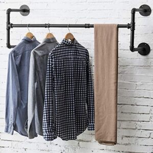 MyGift Wall Mounted Industrial Black Metal Clothes Rod Rack Hanging Garment Bar with Realistic Pipe Bar for Closet Storage and Retail Display