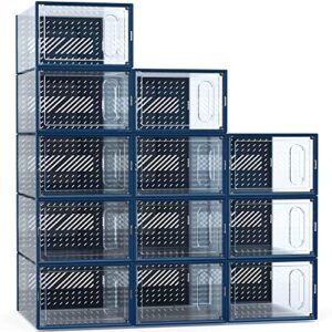 gonat large shoe organizers, clear shoe boxes stackable, good replacement for shoe rack, under bed, blue.