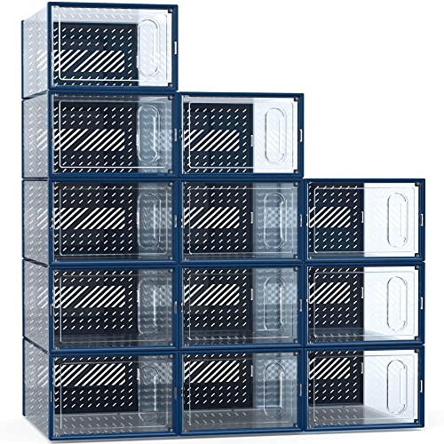 GONAT Large Shoe Organizers, Clear Shoe Boxes Stackable, Good Replacement For Shoe Rack, Under Bed, Blue.