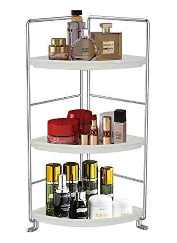 Sekepingo 3-Tier Corner Bathroom Counter Shelf Stackable Perfume Storage Holder Makeup Countertop Organizer Standing Vanity Tray Kitchen Spice Rack,White and Silver