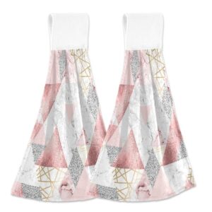 pink marble triangles kitchen towels with hanging loops 2 pack, modern polygon abstract hand towels for bathroom absorbent coral velvet soft tie dish towels sets