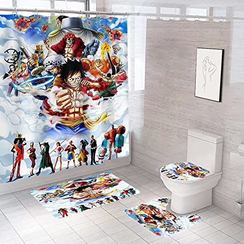 4 Piece Cool Anime Shower Curtain Sets with Non-Slip Rugs, Toilet Lid Cover, Bath Mat and 12 Hooks, Bathroom Decor Set Accessories Waterproof Shower Curtains