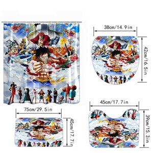 4 Piece Cool Anime Shower Curtain Sets with Non-Slip Rugs, Toilet Lid Cover, Bath Mat and 12 Hooks, Bathroom Decor Set Accessories Waterproof Shower Curtains