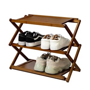 small 3-tier shoe rack for closet & entryway, installation-free foldable bamboo shoes storage organizer, sturdy free standing three shelf shoe stand for 6-9 pairs, brown 20x17x9 inches