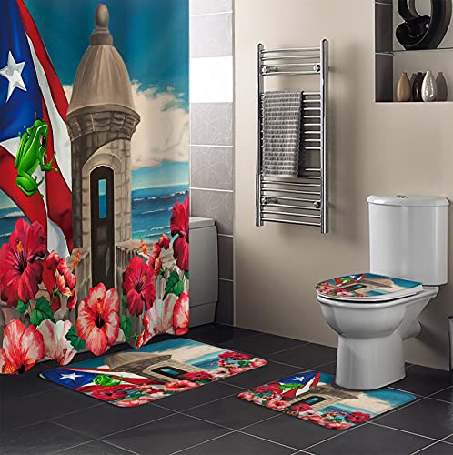 4 Piece Shower Curtain Sets Puerto Rico Flag Frog with Awesome Hibiscus Ocean Coastal Architecture Include Non-Slip Rug,Toilet Lid Cover,Bath Mat& Shower Curtain Waterproof with 12 Hooks for Bathroom