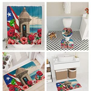 4 Piece Shower Curtain Sets Puerto Rico Flag Frog with Awesome Hibiscus Ocean Coastal Architecture Include Non-Slip Rug,Toilet Lid Cover,Bath Mat& Shower Curtain Waterproof with 12 Hooks for Bathroom