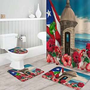 4 Piece Shower Curtain Sets Puerto Rico Flag Frog with Awesome Hibiscus Ocean Coastal Architecture Include Non-Slip Rug,Toilet Lid Cover,Bath Mat& Shower Curtain Waterproof with 12 Hooks for Bathroom