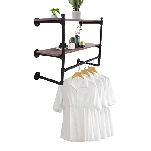 Gdrasuya10 Wall Mounted Clothes Rack with Shelf, Industrial Retail Garment Rack Display Rack Metal Cloths Rack Space-Saving Clothing Storage Rack for Commercial Home, (2-Tier,36.22 x 9.84 x 21.64 in)