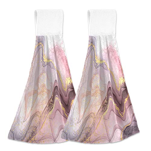 Oyihfvs Rose Gold Pink Marble Texture Ink Abstract Art 2 Pcs Hanging Kitchen Hand Towels, Hanging Tie Towels with Hook & Loop Dishcloths Sets, Decorative Absorbent Tea Bar Bath Hand Towel