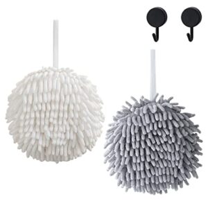 hand towel set-2 pack enlarge chenille fuzzy ball hand towels, with 2 hand towel hooks, quick dry high absorbent soft multifunctional towels for bathroom and kitchen (white+grey)