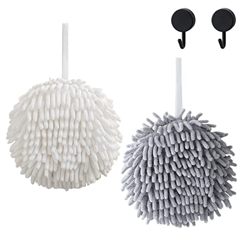 Hand Towel Set-2 Pack Enlarge Chenille Fuzzy Ball Hand Towels, with 2 Hand Towel Hooks, Quick Dry High Absorbent Soft Multifunctional Towels for Bathroom and Kitchen (White+Grey)