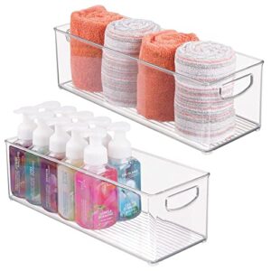 mdesign plastic toiletry organizer for bathroom - storage holder bin w/handles for vanity, drawers, dresser - holds hair products, makeup, lotion, skincare and more - ligne collection - 2 pack, clear