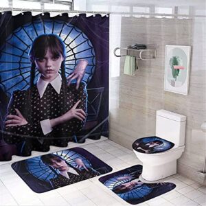 4 pcs wednesday addams shower curtain sets with non-slip rug,toilet lid cover and absorbent carpet bath mat,durable waterproof shower curtain with 12 hooks for bathroom 70.8" 70.8" (k, one size)