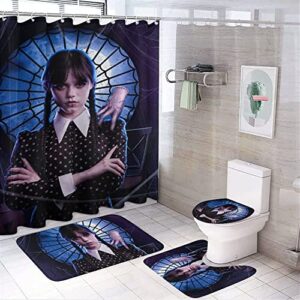 4 Pcs Wednesday Addams Shower Curtain Sets with Non-Slip Rug,Toilet Lid Cover and Absorbent Carpet Bath Mat,Durable Waterproof Shower Curtain with 12 Hooks for Bathroom 70.8" 70.8" (K, One Size)