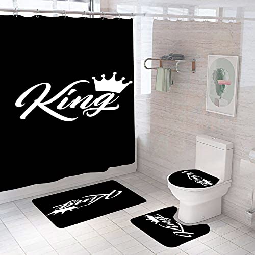 4PCS/Set Afro King Shower Curtain with Non-Slip Rugs,Bath Mat and Toilet Lid Cover,Waterproof Polyester Fabric Black Shower Curtain Sets with 12 Hooks,Cool Typeface Pattern Bath Curtains for Man