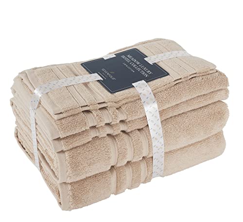 ESSELL Luxury 6-Piece Towel Set, 700 GSM 100% Cotton - 2 Bath Towels, 2 Hand Towels, 2 Wash Cloths, Zero Twists, Ultra Soft & Super Absorbent Meadow Towels for Spa, Hotels & Bathroom (Light Brown)