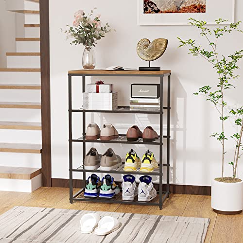 C&AHOME 5 Tier Metal Shoe Rack, 5 Tiers Shoe Rack, Storage Rack with 4 Metal Mesh Shelves and Top Board, Narrow Shoe Organizer for Closet Entryway, Free Standing Shoe Rack, Rustic Brown USRMW05RB