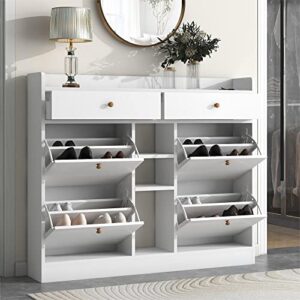 cemkar modern shoe cabinet with 4 flip drawers, multifunctional 2-tier shoe storage organizer with drawers, free standing shoe rack for entrance hallway (white)