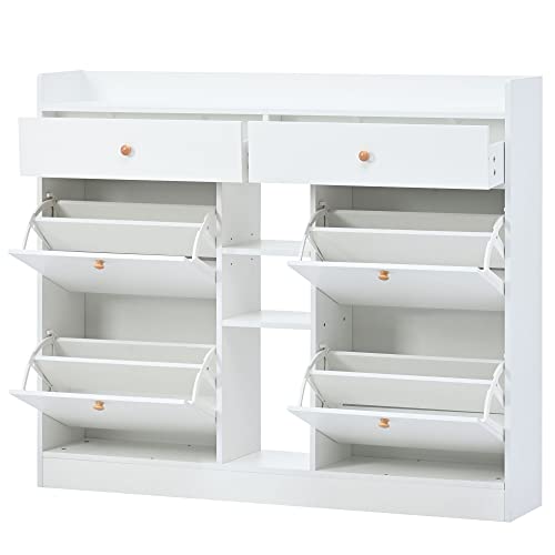 CEMKAR Modern Shoe Cabinet with 4 Flip Drawers, Multifunctional 2-Tier Shoe Storage Organizer with Drawers, Free Standing Shoe Rack for Entrance Hallway (White)