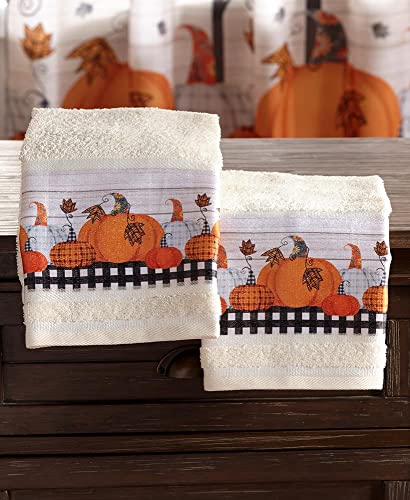 The Lakeside Collection Set of 2 Plaid Pumpkin Bathroom Hand Towels with Autumn Motif