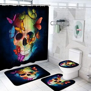 duobaorom 4 pieces set skull shower curtain set abstract skull colorful butterflies day of the dead art on non-slip rugs toilet lid cover bath mat and bathroom curtain with 12 hooks 72x72inch