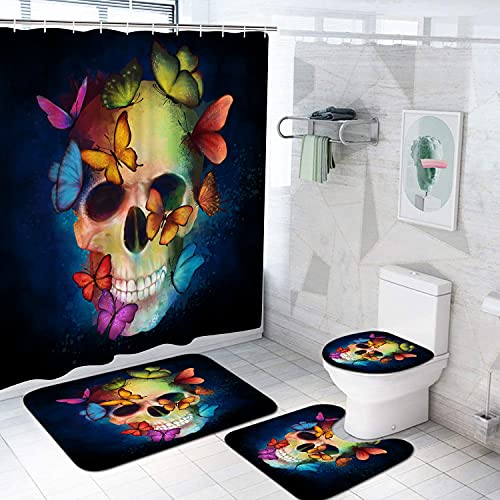 DuoBaorom 4 Pieces Set Skull Shower Curtain Set Abstract Skull Colorful Butterflies Day of The Dead Art on Non-Slip Rugs Toilet Lid Cover Bath Mat and Bathroom Curtain with 12 Hooks 72x72inch