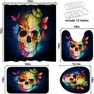 DuoBaorom 4 Pieces Set Skull Shower Curtain Set Abstract Skull Colorful Butterflies Day of The Dead Art on Non-Slip Rugs Toilet Lid Cover Bath Mat and Bathroom Curtain with 12 Hooks 72x72inch