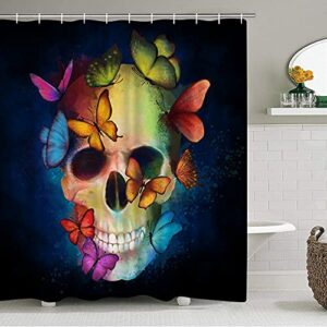 DuoBaorom 4 Pieces Set Skull Shower Curtain Set Abstract Skull Colorful Butterflies Day of The Dead Art on Non-Slip Rugs Toilet Lid Cover Bath Mat and Bathroom Curtain with 12 Hooks 72x72inch