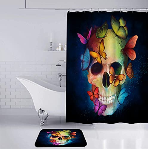 DuoBaorom 4 Pieces Set Skull Shower Curtain Set Abstract Skull Colorful Butterflies Day of The Dead Art on Non-Slip Rugs Toilet Lid Cover Bath Mat and Bathroom Curtain with 12 Hooks 72x72inch