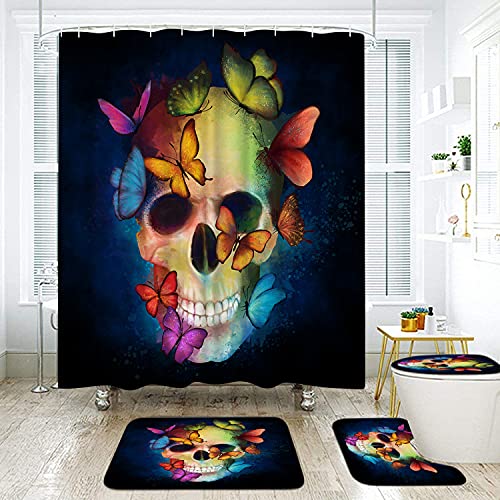 DuoBaorom 4 Pieces Set Skull Shower Curtain Set Abstract Skull Colorful Butterflies Day of The Dead Art on Non-Slip Rugs Toilet Lid Cover Bath Mat and Bathroom Curtain with 12 Hooks 72x72inch