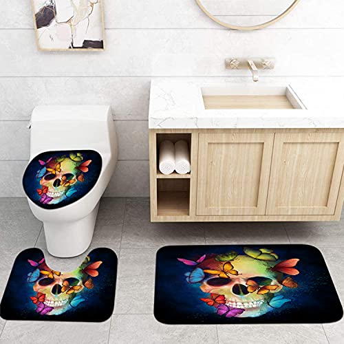 DuoBaorom 4 Pieces Set Skull Shower Curtain Set Abstract Skull Colorful Butterflies Day of The Dead Art on Non-Slip Rugs Toilet Lid Cover Bath Mat and Bathroom Curtain with 12 Hooks 72x72inch