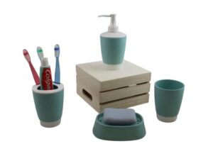 bathroom accessories set 4 piece accesorios para baños soap dispenser, soap dish, tumble, toothpaste-toothbrush holder (teal)