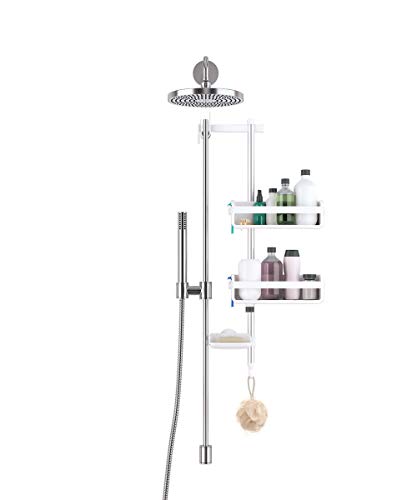 Umbra Flipside Flex Pole Shower Caddy, Adjustable Shower Caddy with Flex Gel-Lock Technology, Works on Rail and Hand-Held Showers, White/Nickel Finish