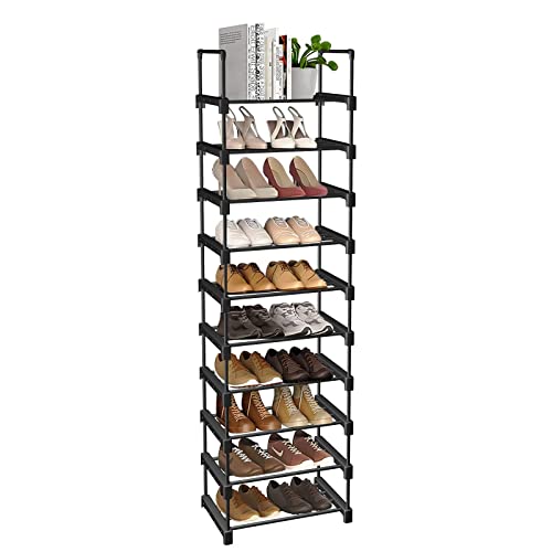 NYLBRT Upgrade 10 Tier Shoe Racks, Metal Stackable Shoe Rack Organizer for 20-25 Pairs Shoe and Boots, Tall Narrow Shoe Shelf for Entryway, Closet, Garage, Bedroom, Cloakroom, Black