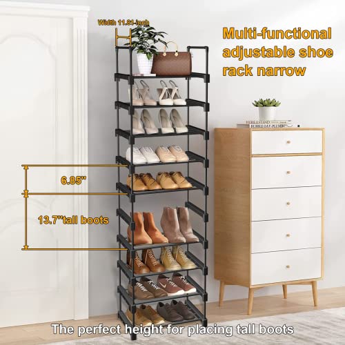 NYLBRT Upgrade 10 Tier Shoe Racks, Metal Stackable Shoe Rack Organizer for 20-25 Pairs Shoe and Boots, Tall Narrow Shoe Shelf for Entryway, Closet, Garage, Bedroom, Cloakroom, Black