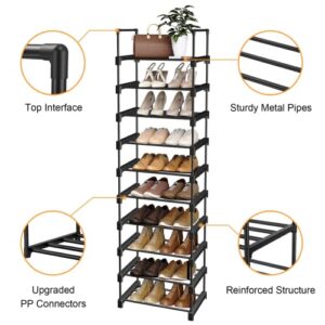 NYLBRT Upgrade 10 Tier Shoe Racks, Metal Stackable Shoe Rack Organizer for 20-25 Pairs Shoe and Boots, Tall Narrow Shoe Shelf for Entryway, Closet, Garage, Bedroom, Cloakroom, Black