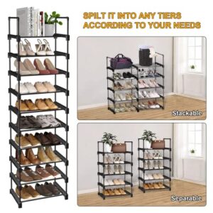 NYLBRT Upgrade 10 Tier Shoe Racks, Metal Stackable Shoe Rack Organizer for 20-25 Pairs Shoe and Boots, Tall Narrow Shoe Shelf for Entryway, Closet, Garage, Bedroom, Cloakroom, Black