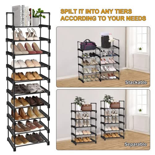 NYLBRT Upgrade 10 Tier Shoe Racks, Metal Stackable Shoe Rack Organizer for 20-25 Pairs Shoe and Boots, Tall Narrow Shoe Shelf for Entryway, Closet, Garage, Bedroom, Cloakroom, Black