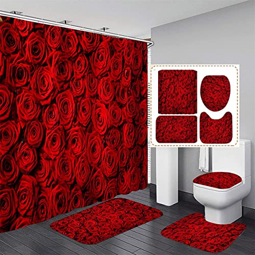 4PCS Rose Bathroom Shower Curtain Sets, Stylish Flower Bathroom Sets with Shower Curtain and Rugs, Toilet Lid Cover and Bath Mat, Artistic Shower Curtains with Hooks