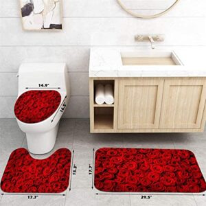 4PCS Rose Bathroom Shower Curtain Sets, Stylish Flower Bathroom Sets with Shower Curtain and Rugs, Toilet Lid Cover and Bath Mat, Artistic Shower Curtains with Hooks