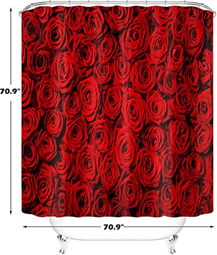 4PCS Rose Bathroom Shower Curtain Sets, Stylish Flower Bathroom Sets with Shower Curtain and Rugs, Toilet Lid Cover and Bath Mat, Artistic Shower Curtains with Hooks