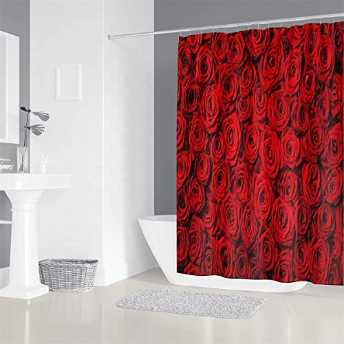 4PCS Rose Bathroom Shower Curtain Sets, Stylish Flower Bathroom Sets with Shower Curtain and Rugs, Toilet Lid Cover and Bath Mat, Artistic Shower Curtains with Hooks