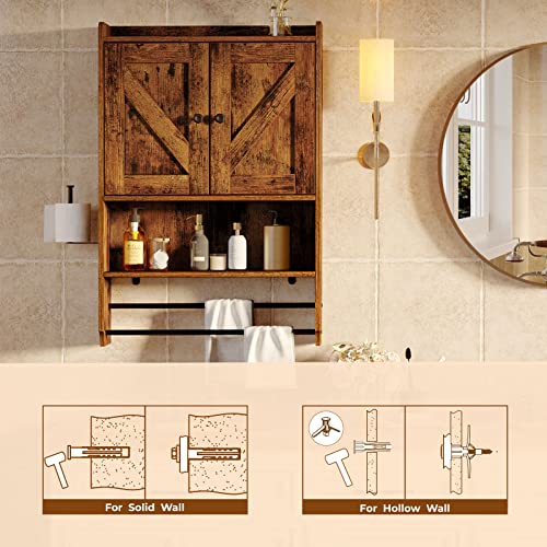 Rolanstar Bathroom Cabinet Wall Mounted with 2 Doors, Medicine Cabinet with Large Space, 4-Tier Over The Toilet Space Saver Storage Cabinet with Toilet Paper Holder and 2 Towels Bar, Rustic Brown