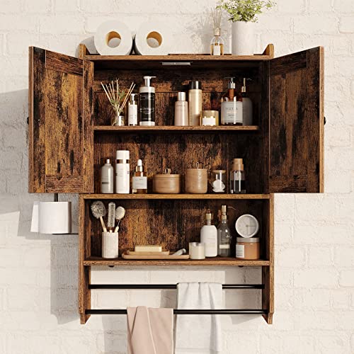 Rolanstar Bathroom Cabinet Wall Mounted with 2 Doors, Medicine Cabinet with Large Space, 4-Tier Over The Toilet Space Saver Storage Cabinet with Toilet Paper Holder and 2 Towels Bar, Rustic Brown