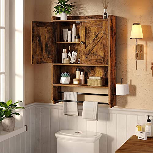 Rolanstar Bathroom Cabinet Wall Mounted with 2 Doors, Medicine Cabinet with Large Space, 4-Tier Over The Toilet Space Saver Storage Cabinet with Toilet Paper Holder and 2 Towels Bar, Rustic Brown