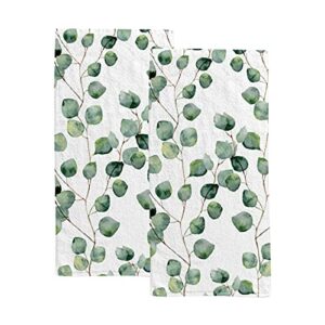 my daily watercolor green floral hand towel set of 2, eucalyptus leaves face towel thin washcloths 30x15 inch, portable absorbent soft towels for gym yoga spa bathroom decor