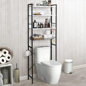 caphaus over the toilet storage, 4-tier bathroom organizer, freestanding toilet shelf, multifunctional space saver toilet rack with 4 hooks, laundry organizer, plant stand for balcony (marble white)
