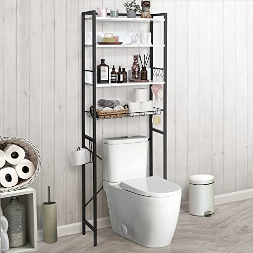 CAPHAUS Over The Toilet Storage, 4-Tier Bathroom Organizer, Freestanding Toilet Shelf, Multifunctional Space Saver Toilet Rack with 4 Hooks, Laundry Organizer, Plant Stand for Balcony (Marble White)